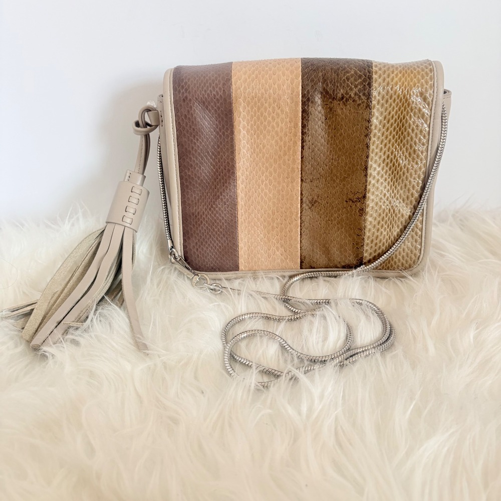 AllSaints Bansho Colorblock Snakeskin Leather Crossbody Bag Tan Brown‎ $298